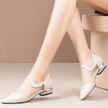 Нови дамски мрежести чехли,модни пързалки с ниски токчета,заострени летни обувки
