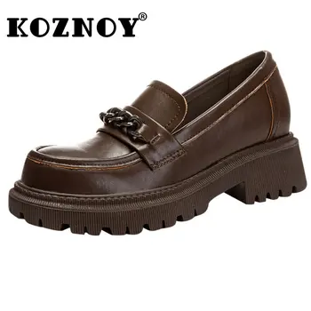 Koznoy 7cm естествена крава естествена кожа платформа лято скрити токчета мода кръг пръсти женски приплъзване на жена буци токчета обувки