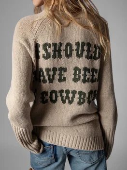 Пуловер за жени 2023 Нови 100% вълна писмо жакард v-образно деколте маншети цепка случайни дълъг ръкав пуловер