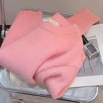 Есен и зима Нов розов сладък пуловер Дамски 2023 Commuter мързелив стил ретро плетен пуловер Топ жени