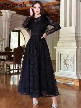 Delocah високо качество летни жени мода подиума черна рокля фенер ръкав пискюл висока талия кухи навън празник A-линия рокли