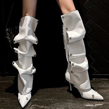  2023 Най-високо качество естествена кожа коляното високи ботуши кратък женски заострени пръсти високи токчета помпи парти обувки жена дълго обувка