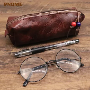 Прост реколта естествена естествена кожа мъже дамски очила чанта истински телешка малка чанта за съхранение студентска монета чанта молив случай